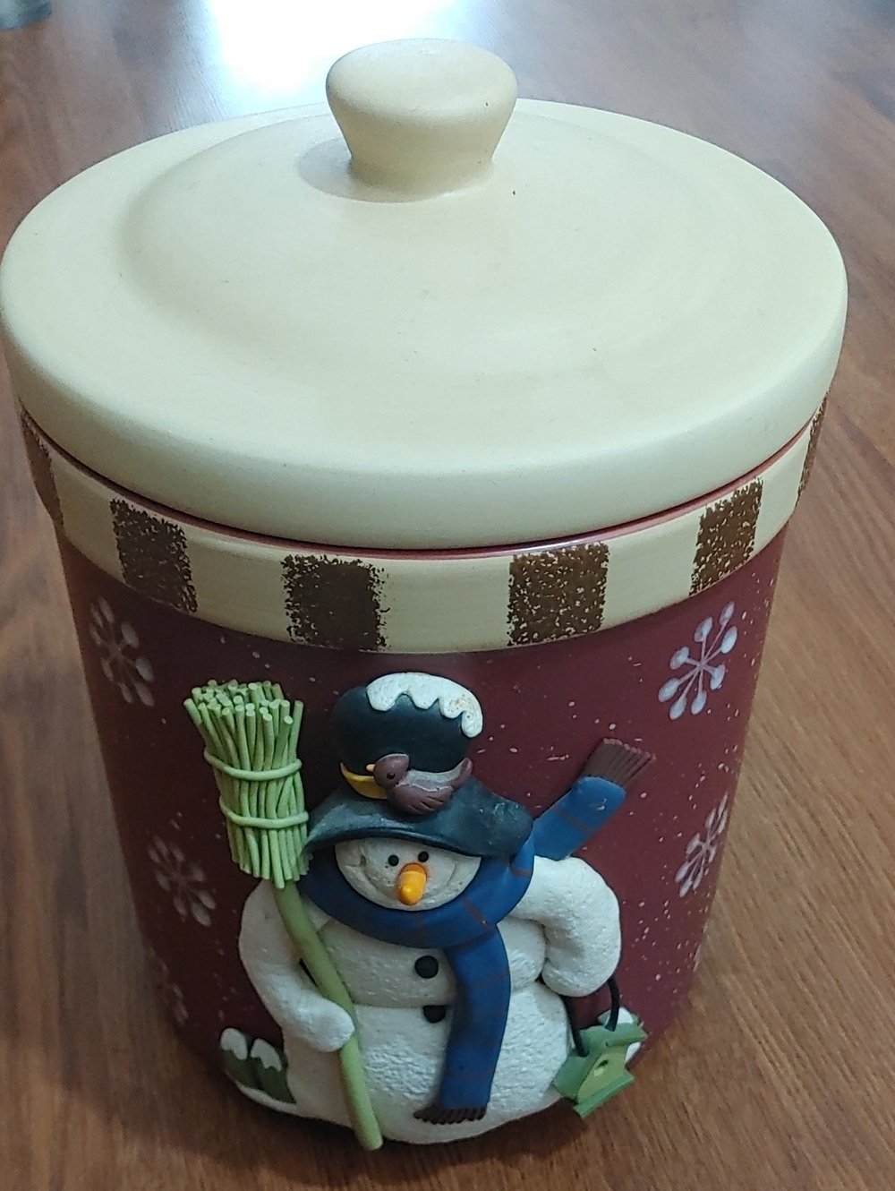 Festive Snowman Ceramic Canister with Lid - Cream & Purple